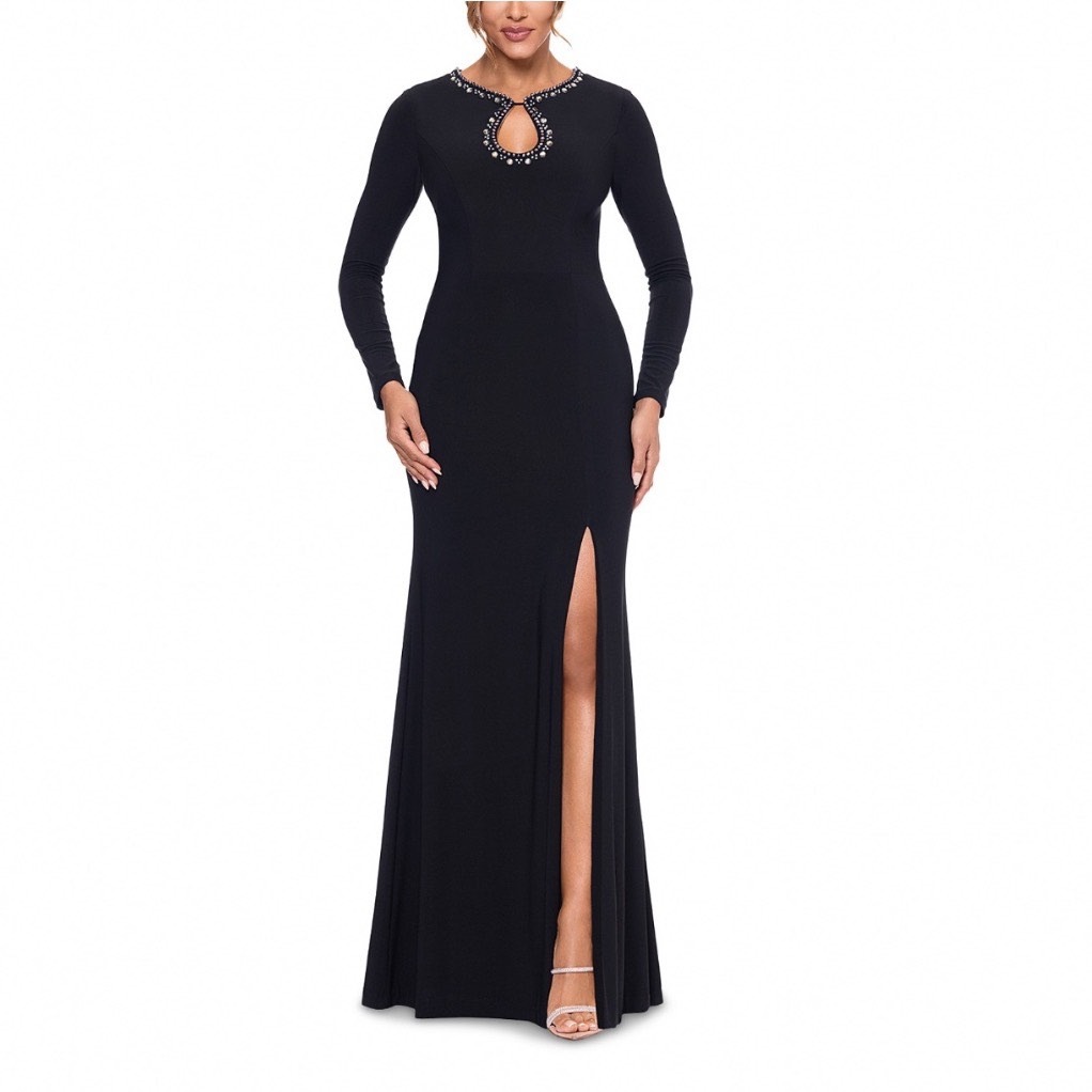 Aqua Embellished Keyhole Gown Black Gunmetal Silver Long Sleeve Dress 6667x Sz 6